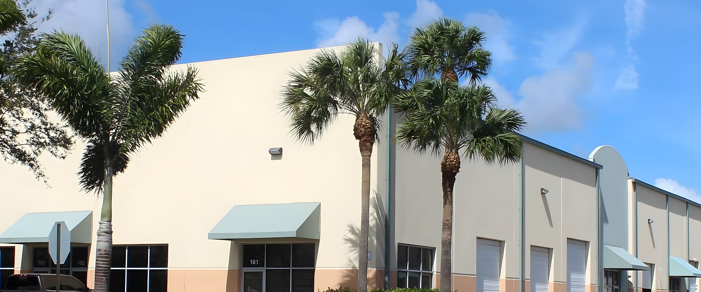 Exterior of a light commercial building with palm trees at its entrance