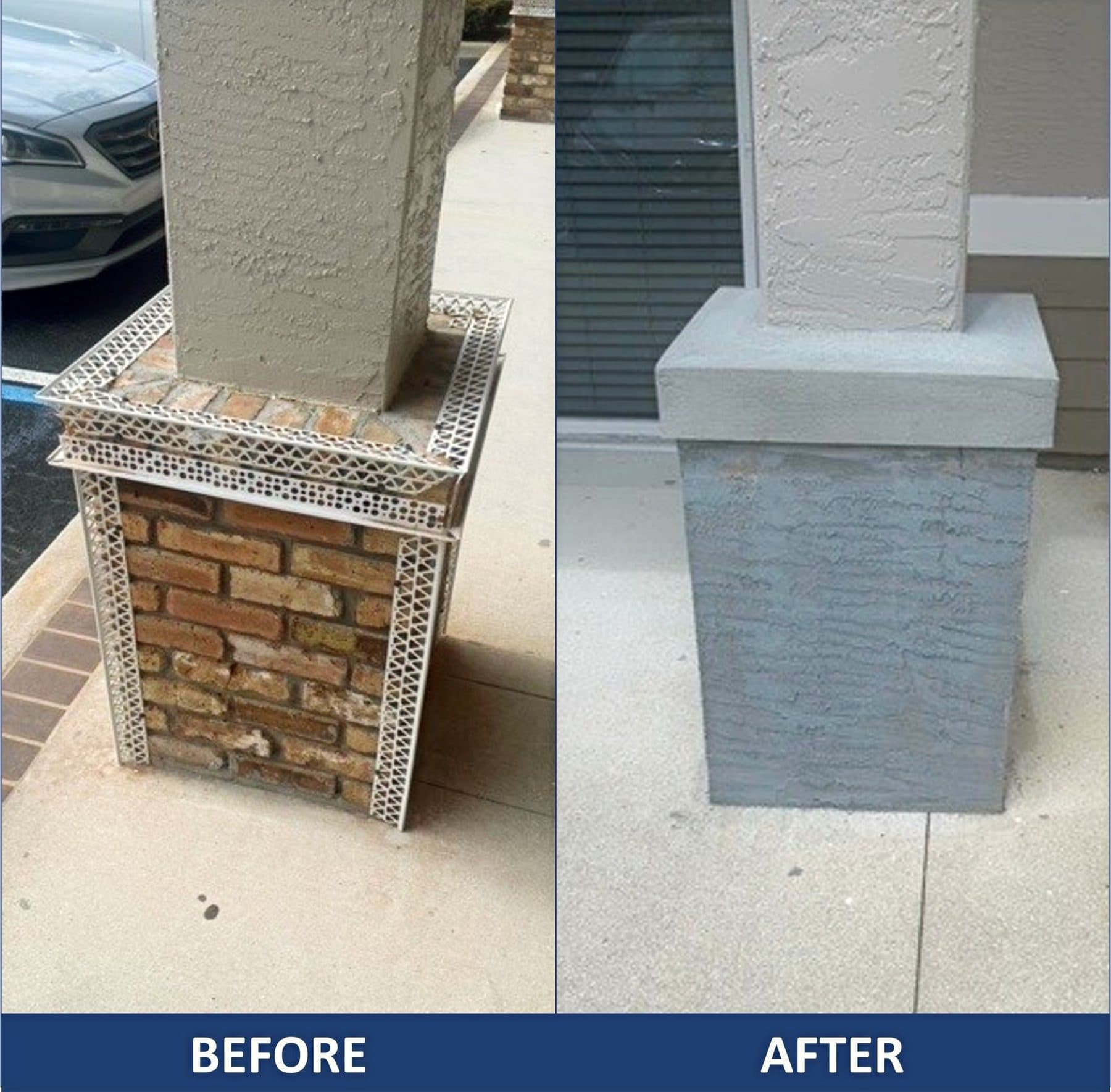 Side-by-side before and after of a support column at the Shoppes of Jupiter Creek: dated brick on the left, finished stucco on the right